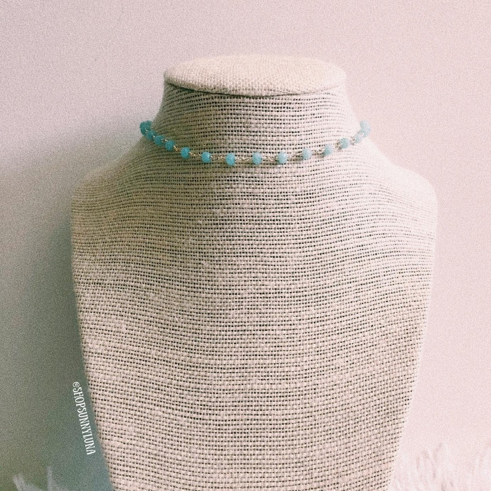 Rosary Bead Blue Silver Choker Necklace